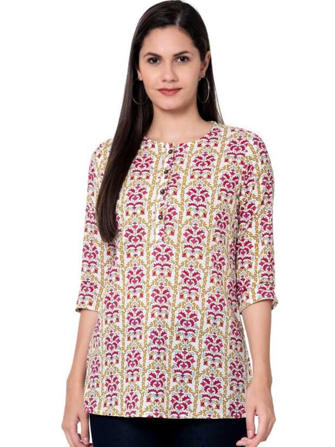 

BAESD Ethnic Motifs Printed Round Neck Pure Cotton Top, Red
