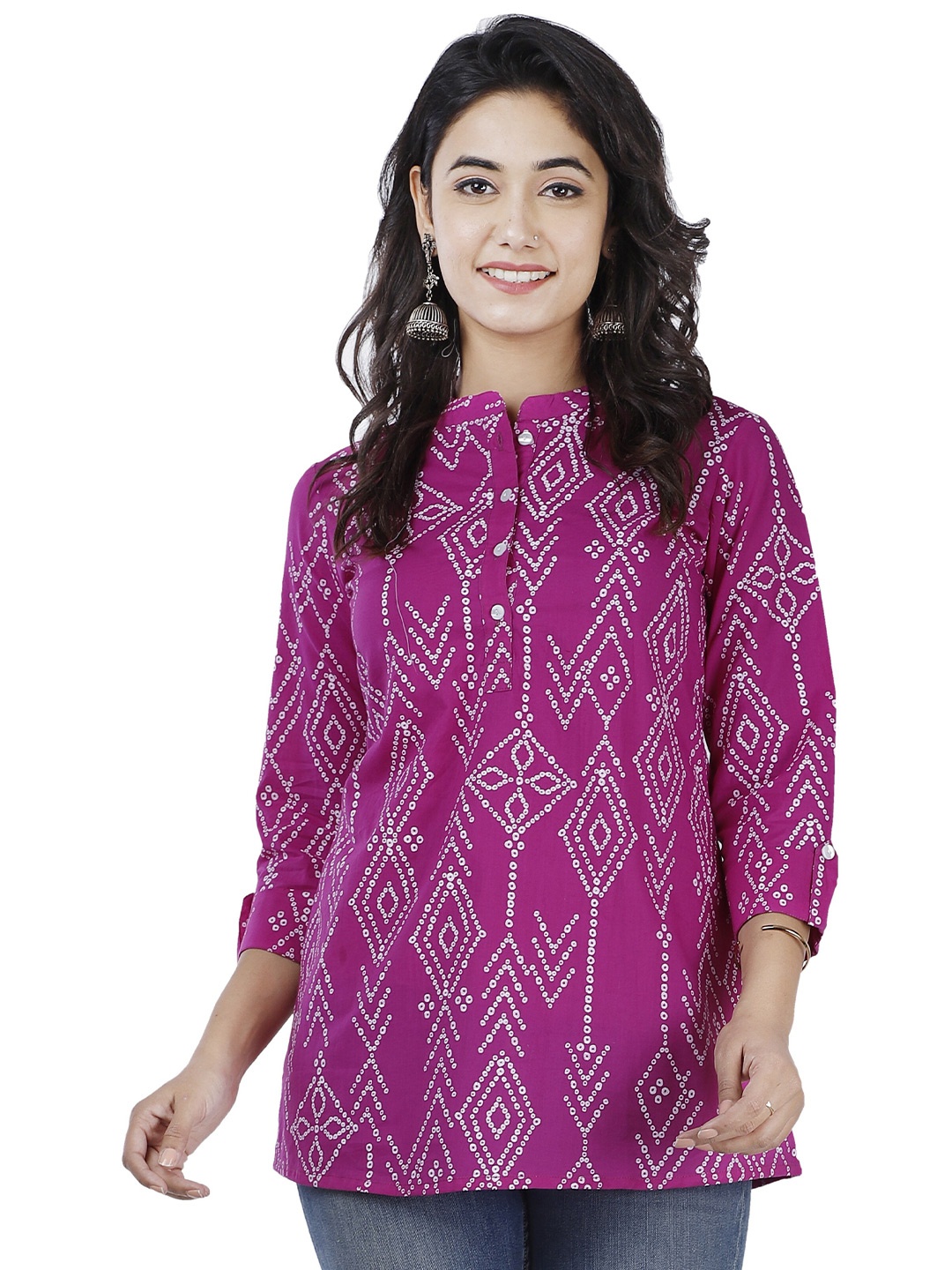 

BAESD Print Mandarin Collar Cotton Top, Purple