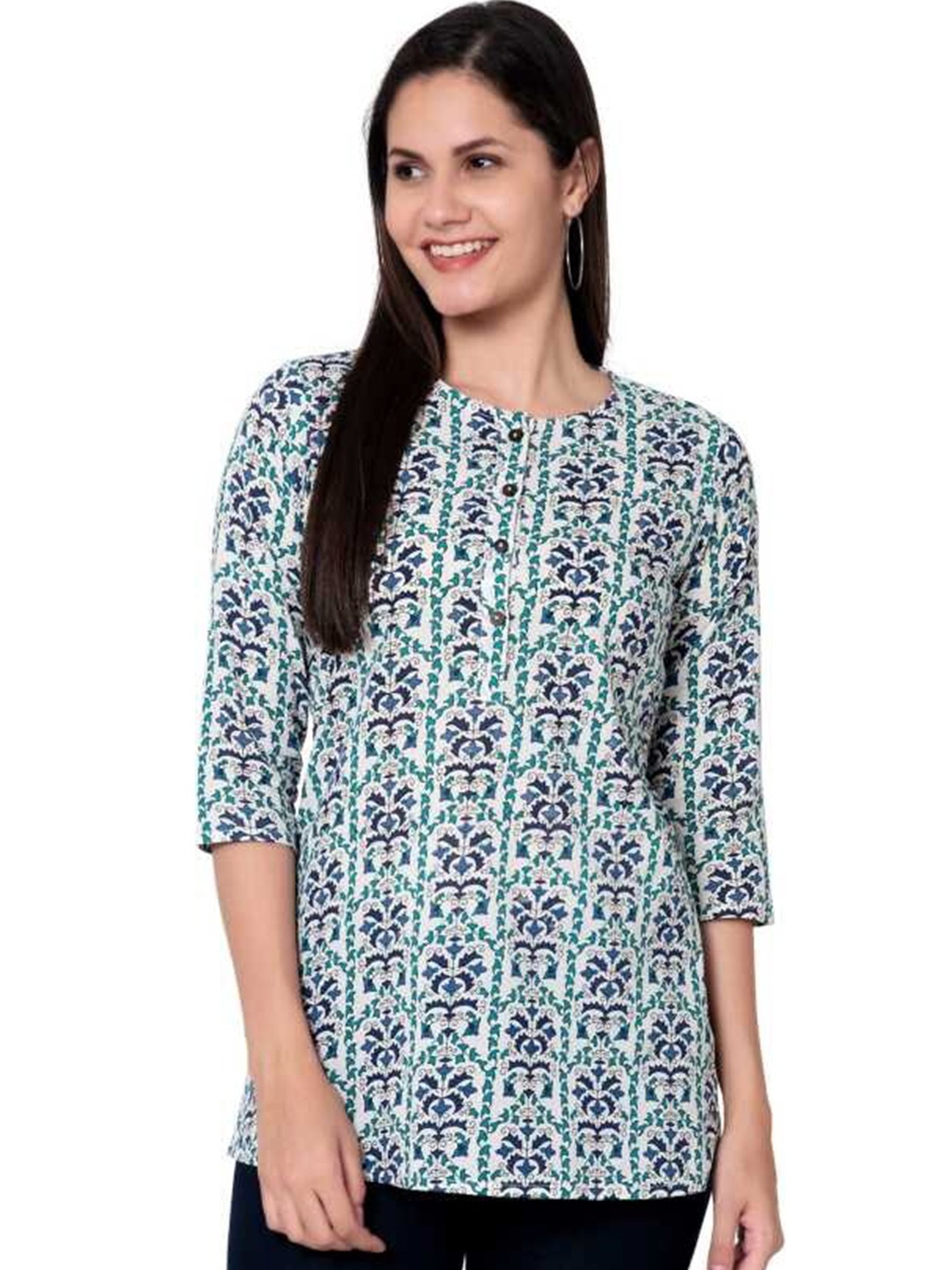 

BAESD Abstract Print Round Neck Pure Cotton Top, Green