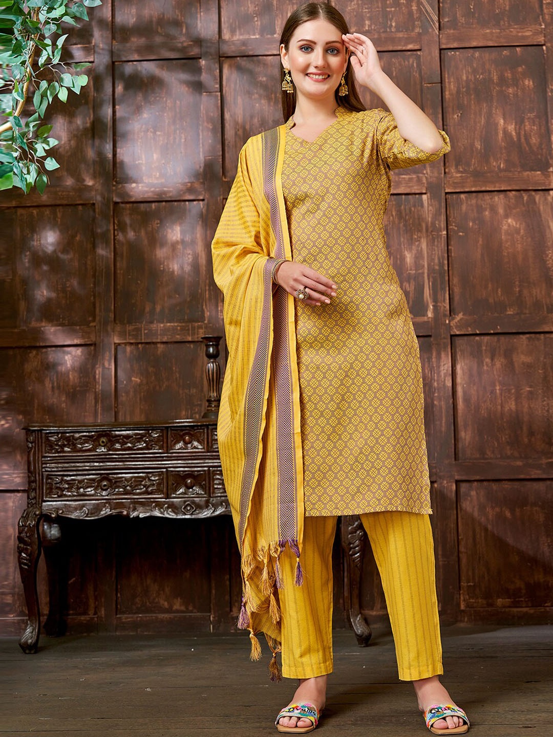 

KALINI Geometric Printed Straight Kurta & Trousers With Dupatta, Yellow