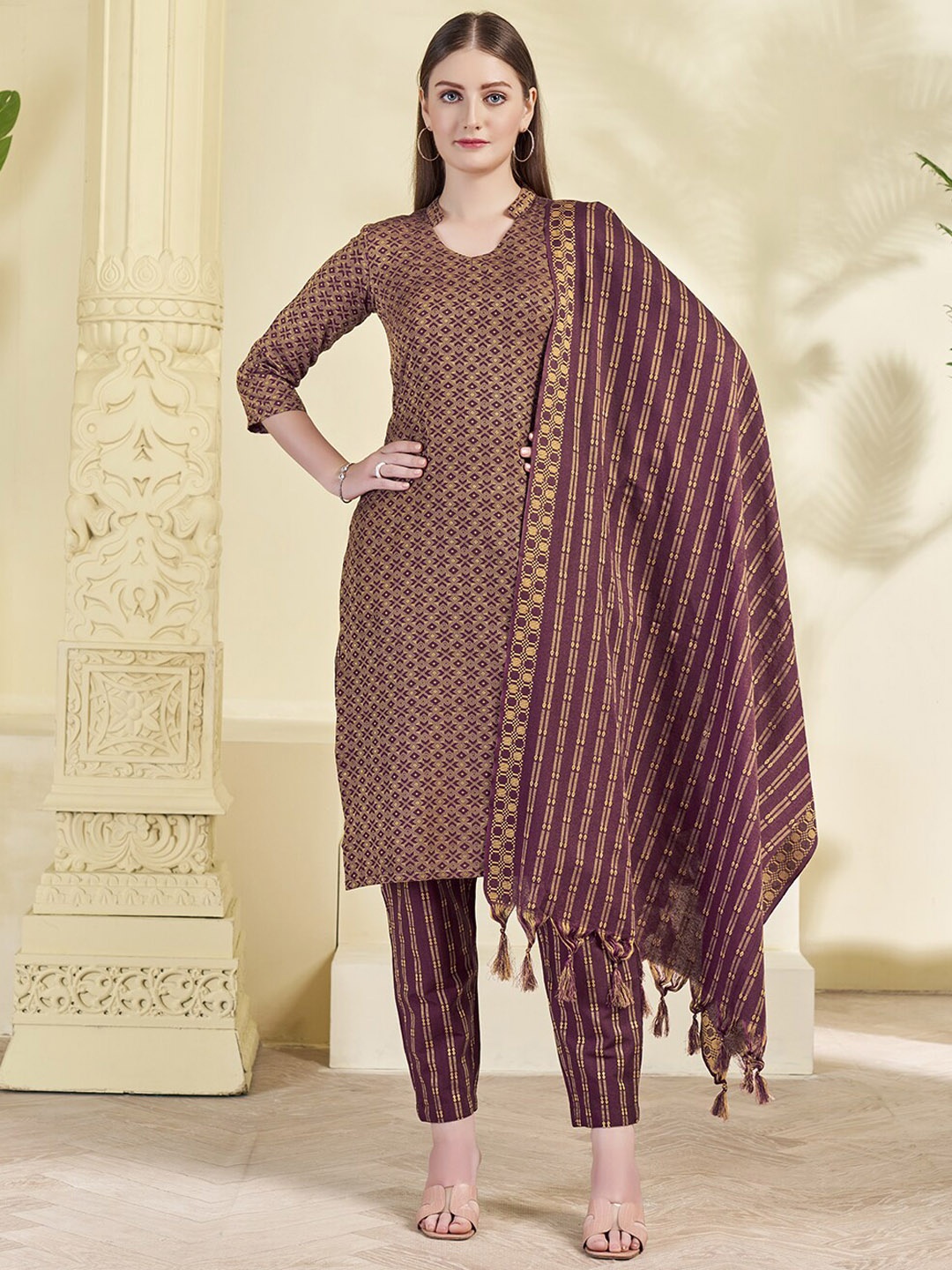 

KALINI Geometric Printed Straight Kurta & Trousers With Dupatta, Maroon