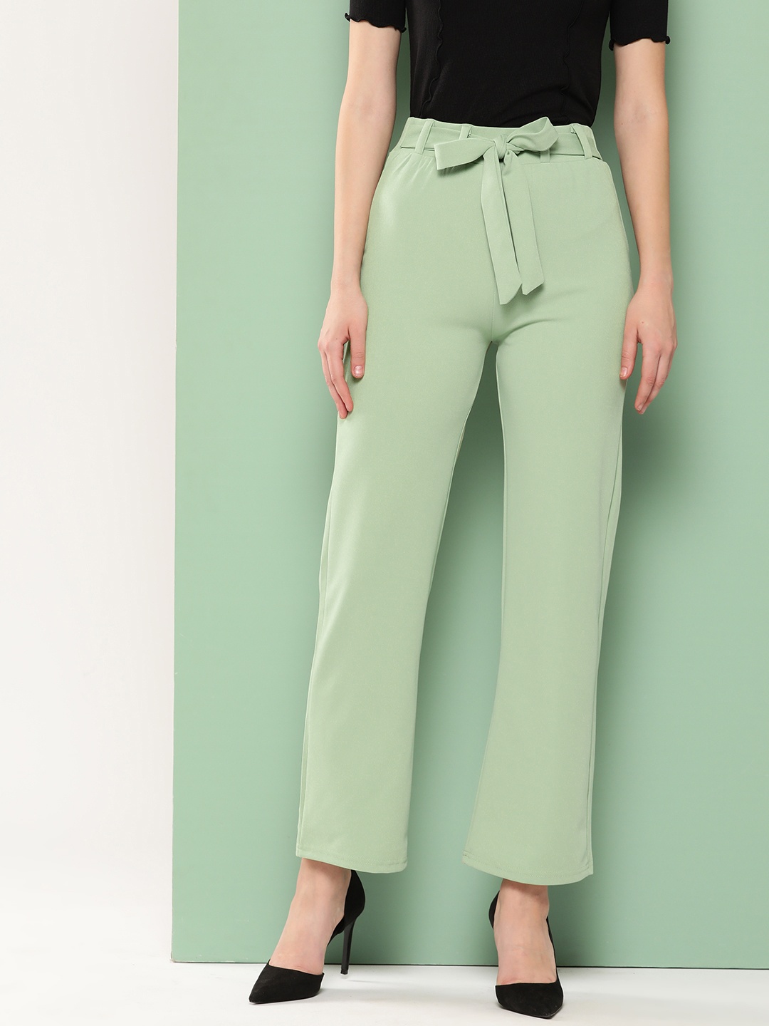 

BROOWL Women Smart Solid High-Rise Trousers, Green