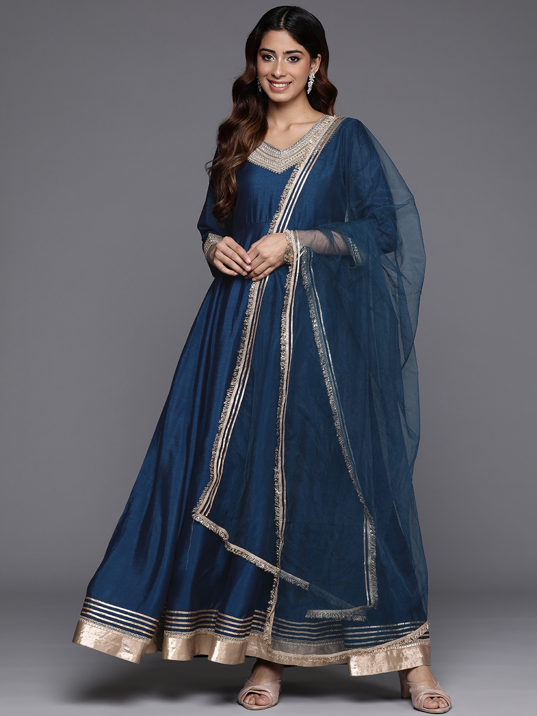 

Varanga Women Embroidered Anarkali Kurta with Dupatta, Navy blue