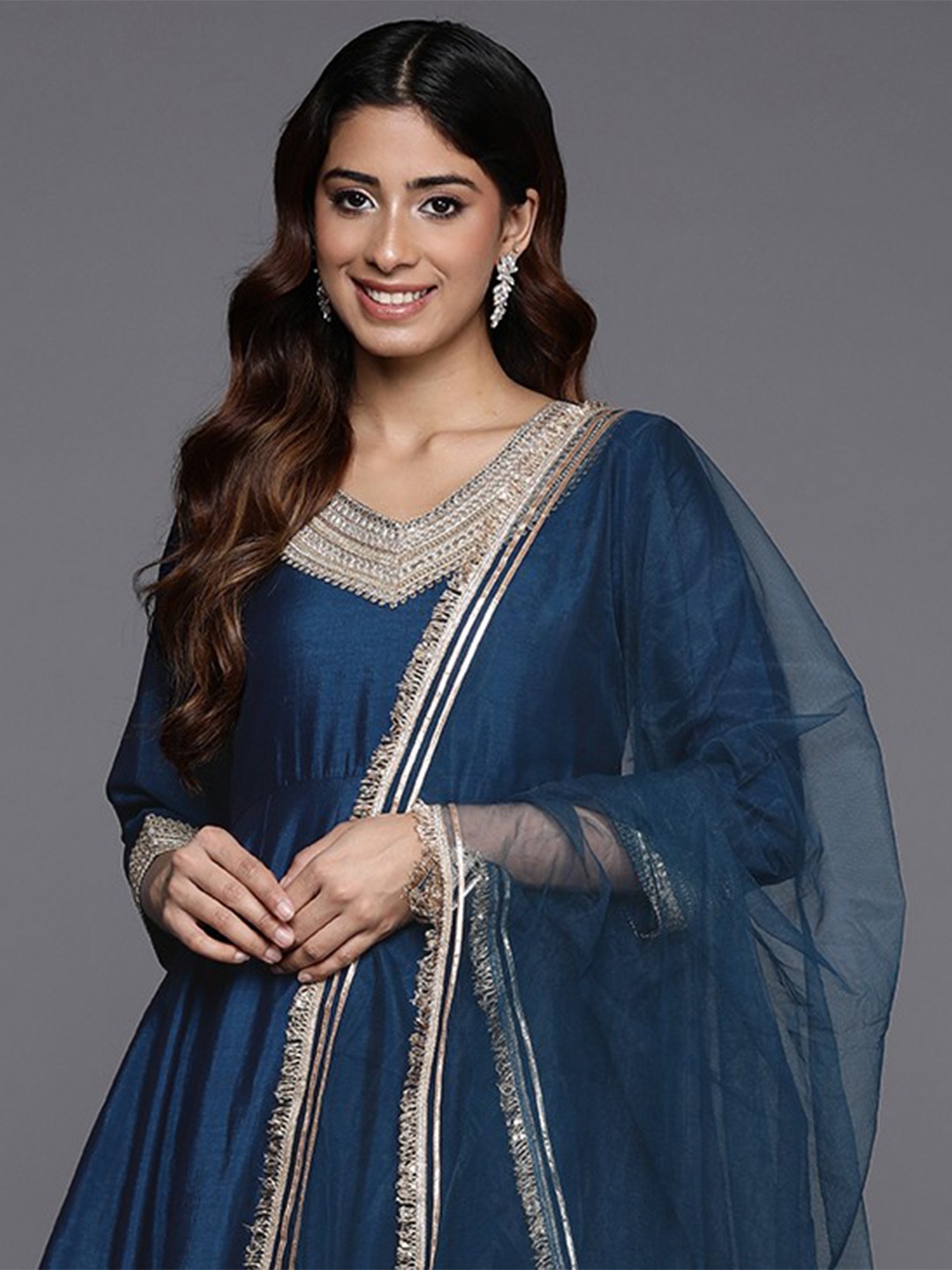 

Varanga Women Embroidered Anarkali Kurta with Dupatta, Navy blue