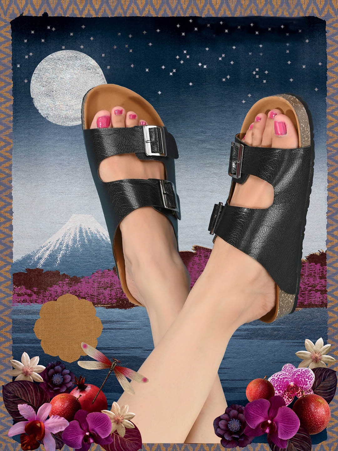 

AfroJack Textured Buckle Detailed Open Toe Flats, Black