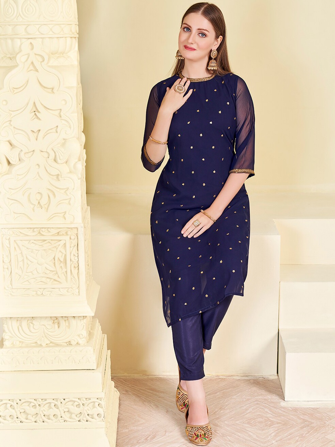 

KALINI Floral Embroidered Sequined Georgette Straight Kurta With Trouser, Navy blue