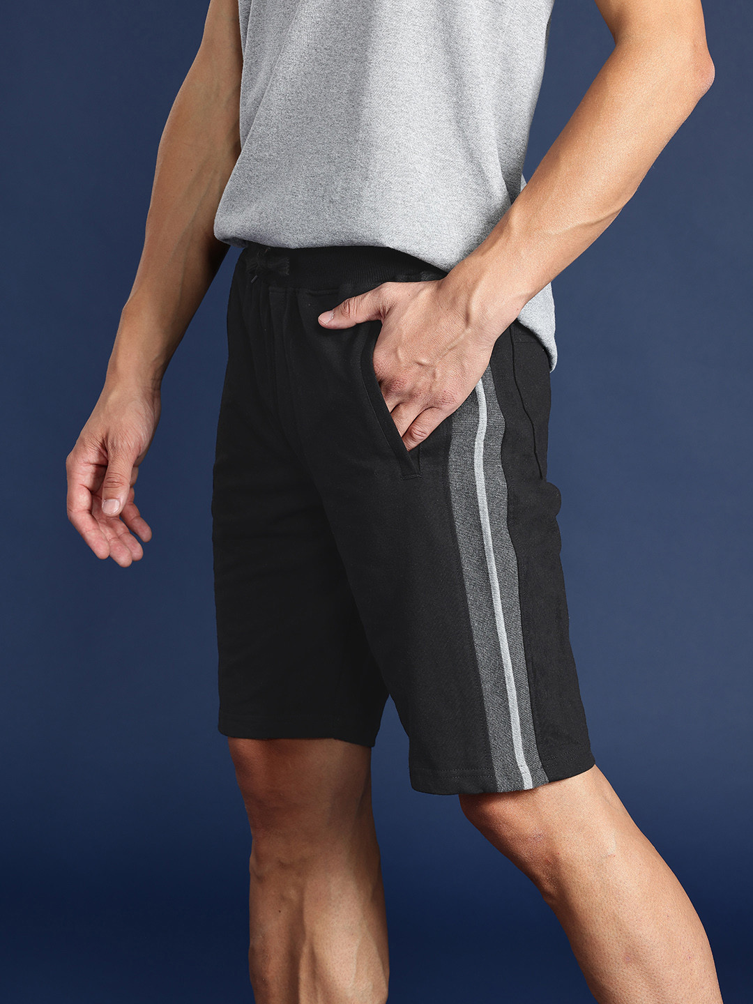 

Mast & Harbour Men Striped Pure Cotton Shorts, Black