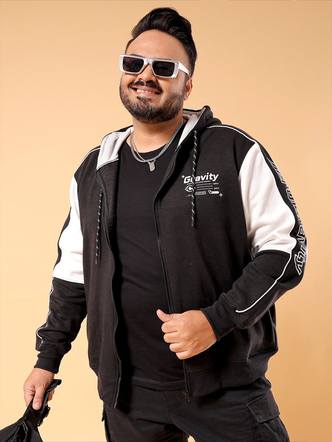 

HARDSODA Plus Size Typography Printed Hooded Front-Open Sweatshirt, Black