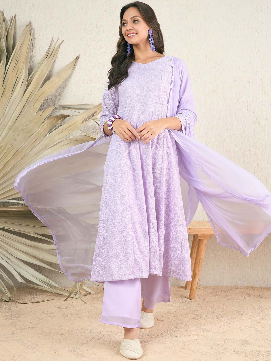 

Inddus Women Sequins Chikankari Anarkali Kurta with Palazzo & Dupatta, Lavender