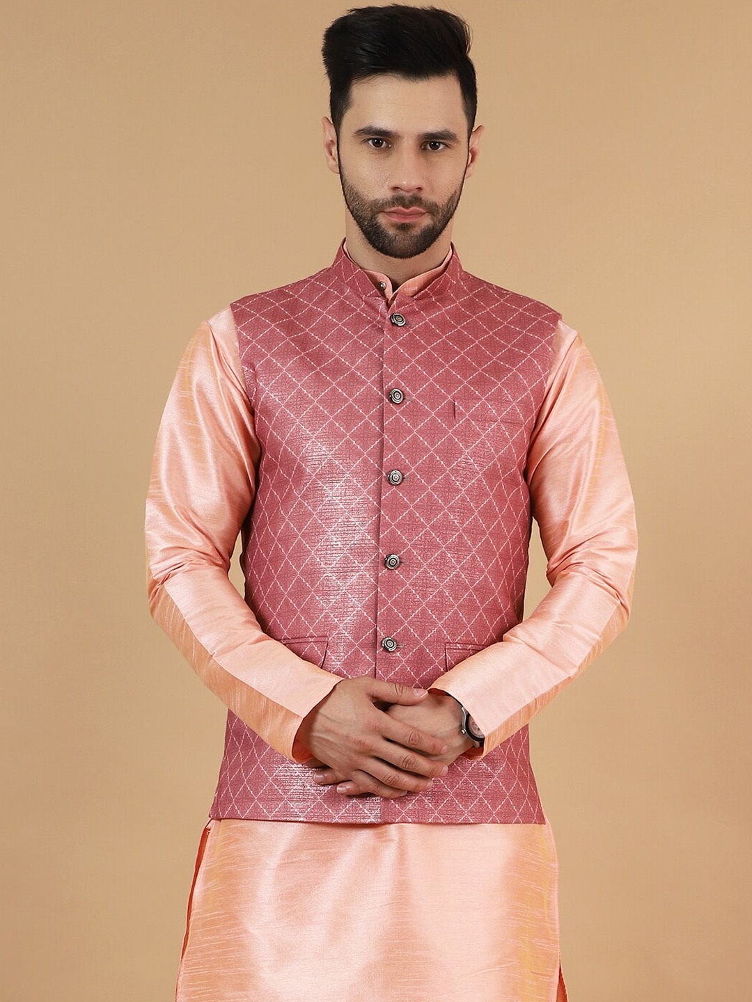 

Wintage Printed Cotton Silk Nehru Jacket, Pink