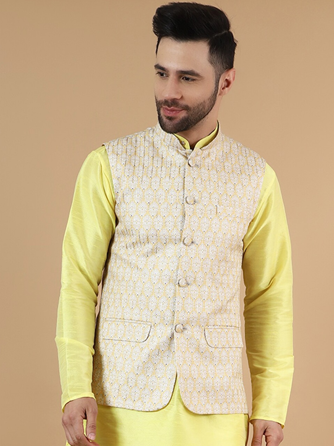 

Wintage Floral Printed Cotton Silk Nehru Jacket, Yellow