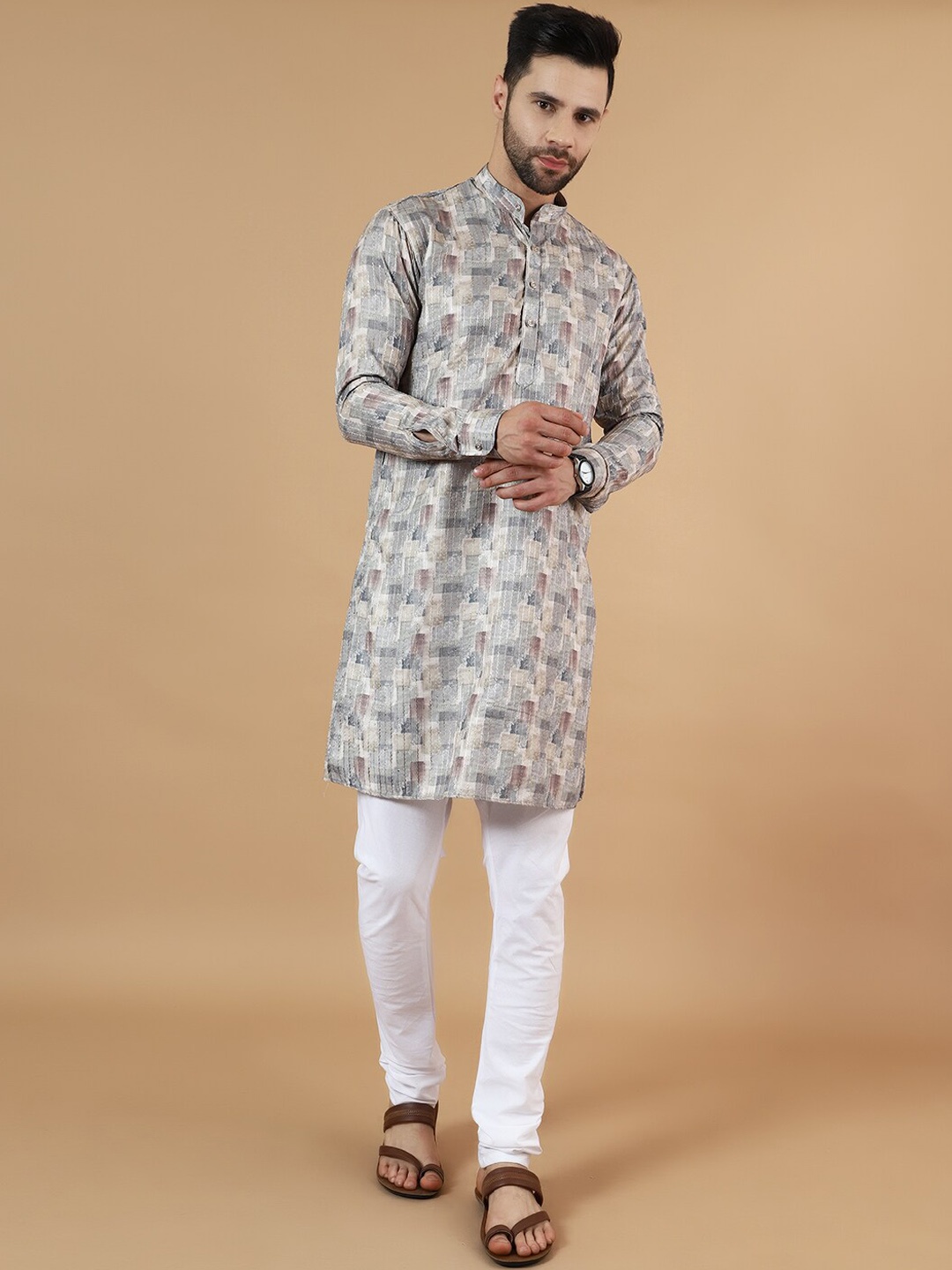 

Wintage Geometric Printed Straight Kurta With Pyjamas, Grey