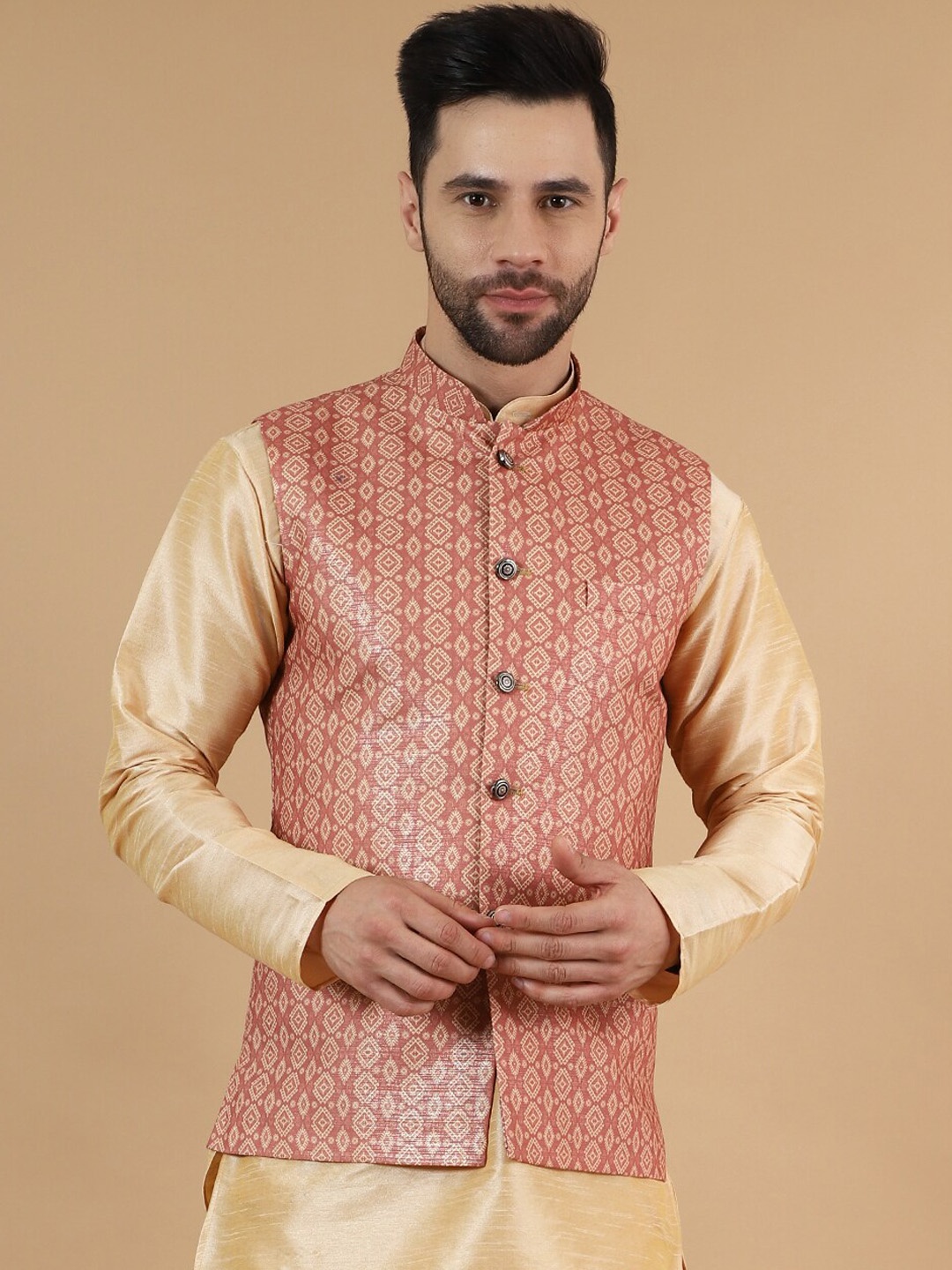 

Wintage Printed Cotton Silk Nehru Jacket, Pink