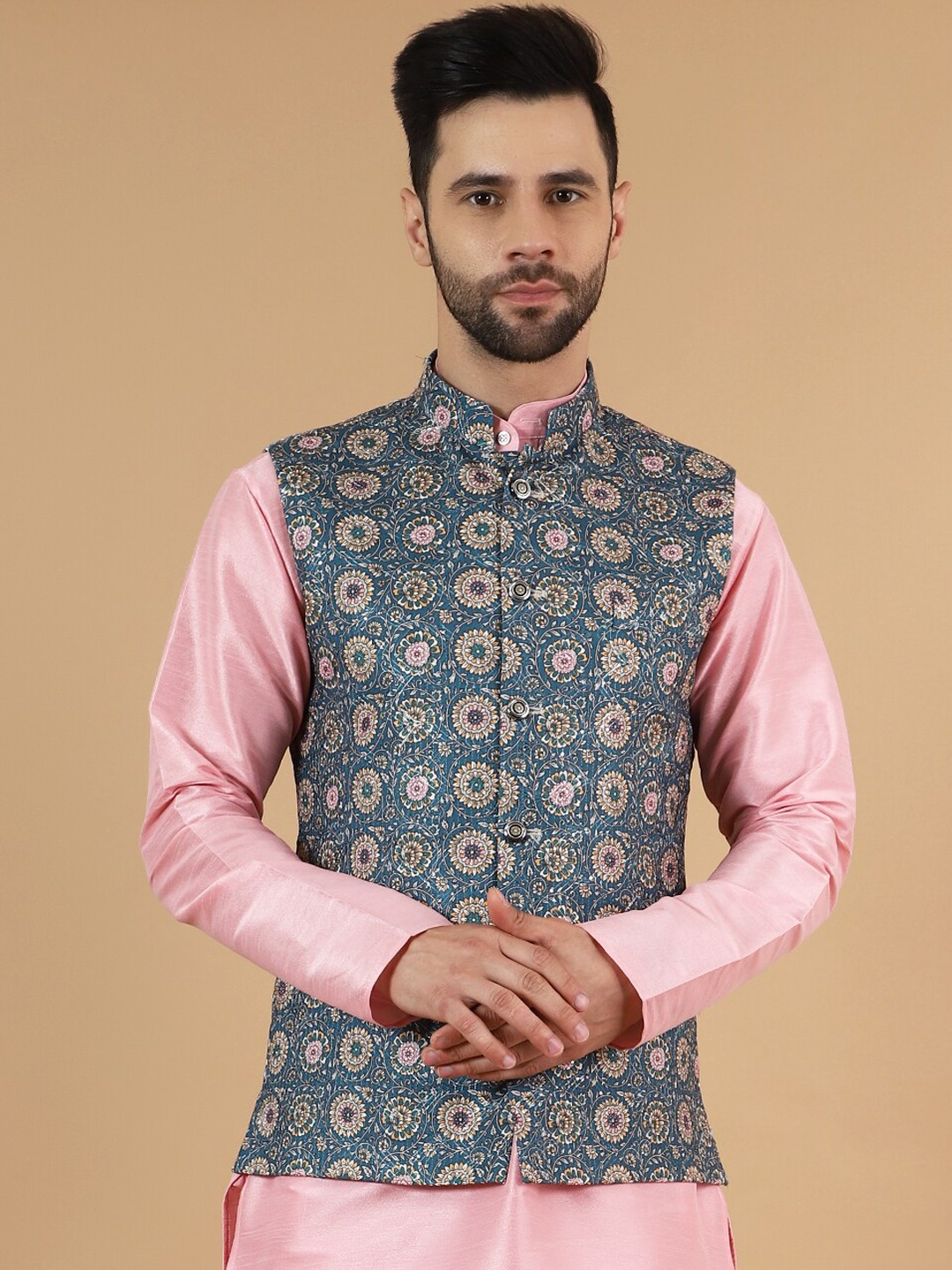 

Wintage Printed Cotton Silk Nehru Jacket, Blue