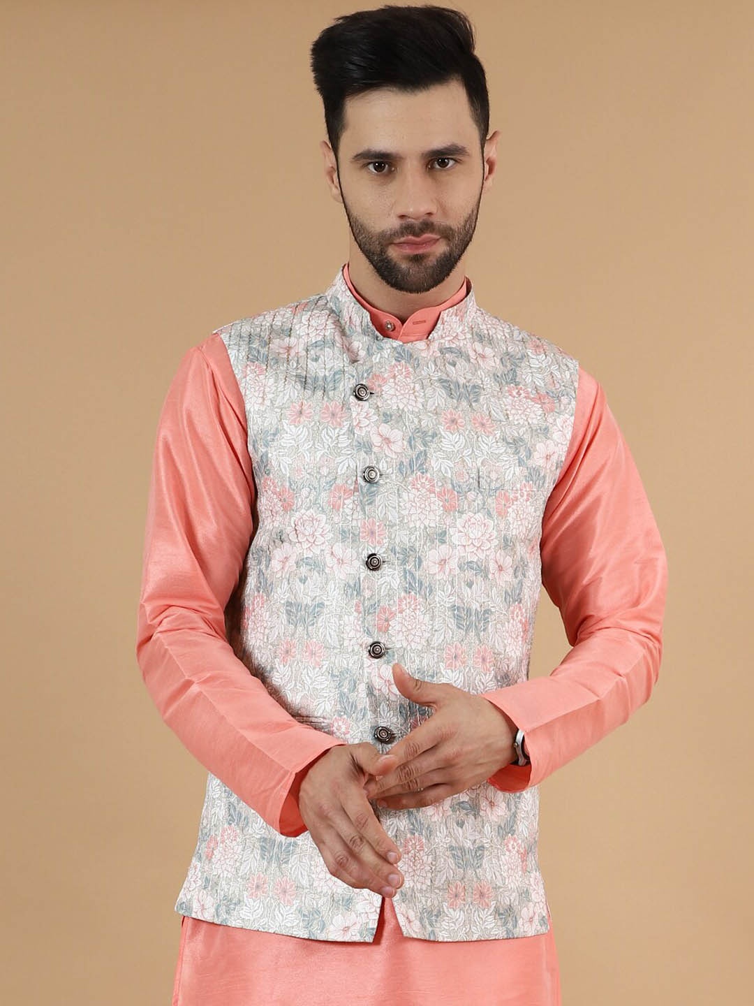 

Wintage Printed Cotton Silk Nehru Jacket, White