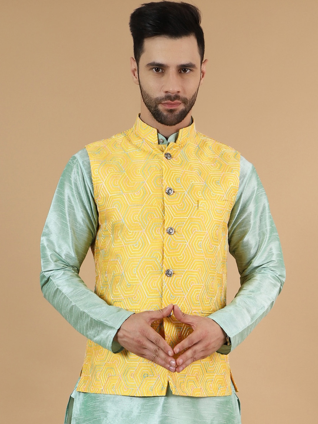 

Wintage Geometric Embroidered Modi Nehru Jacket, Yellow