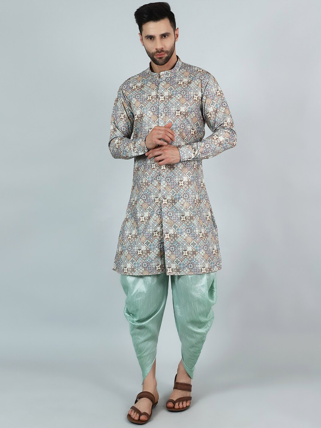 

Wintage Ethnic Motifs Printed Straight Kurta With Dhoti Pants, Grey