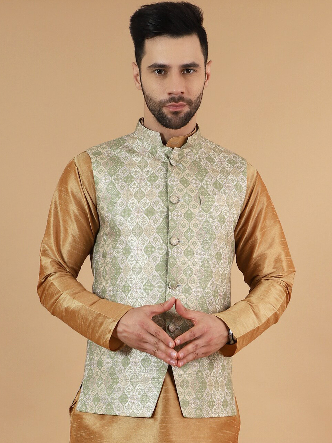 

Wintage Printed Satin Nehru Jacket, Green