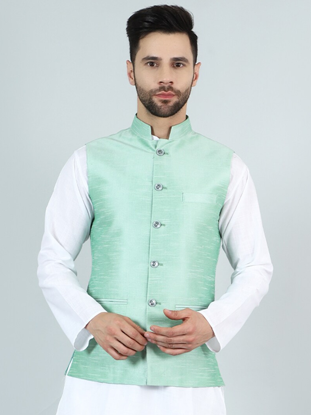 

Wintage Mandarin Collar Satin Modi Nehru Jacket, Green