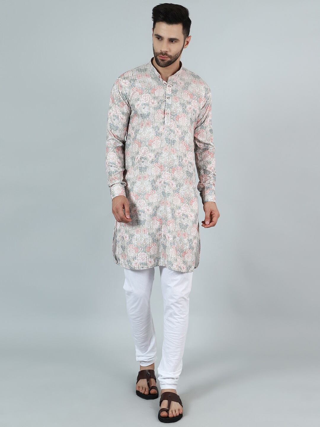

Wintage Floral Printed Mandarin Collar Long Sleeves Straight Kurta With Pyjama, Pink