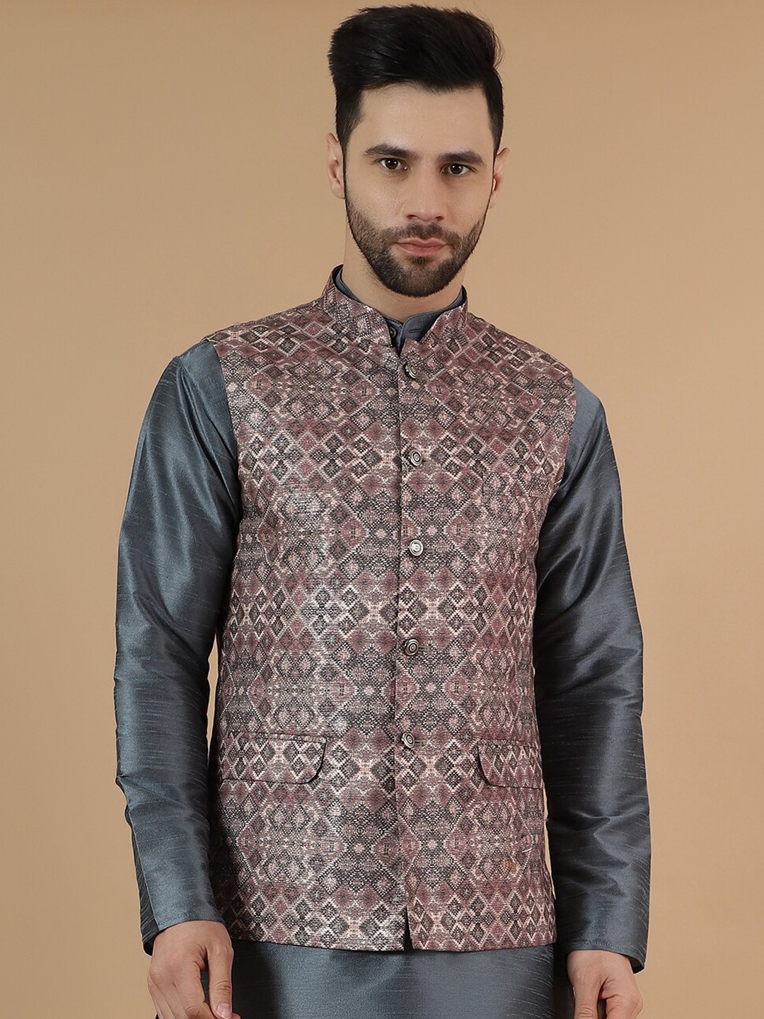 

Wintage Printed Nehru Jacket, Brown