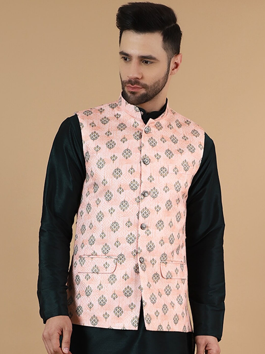 

Wintage Printed Nehru Jacket, Pink