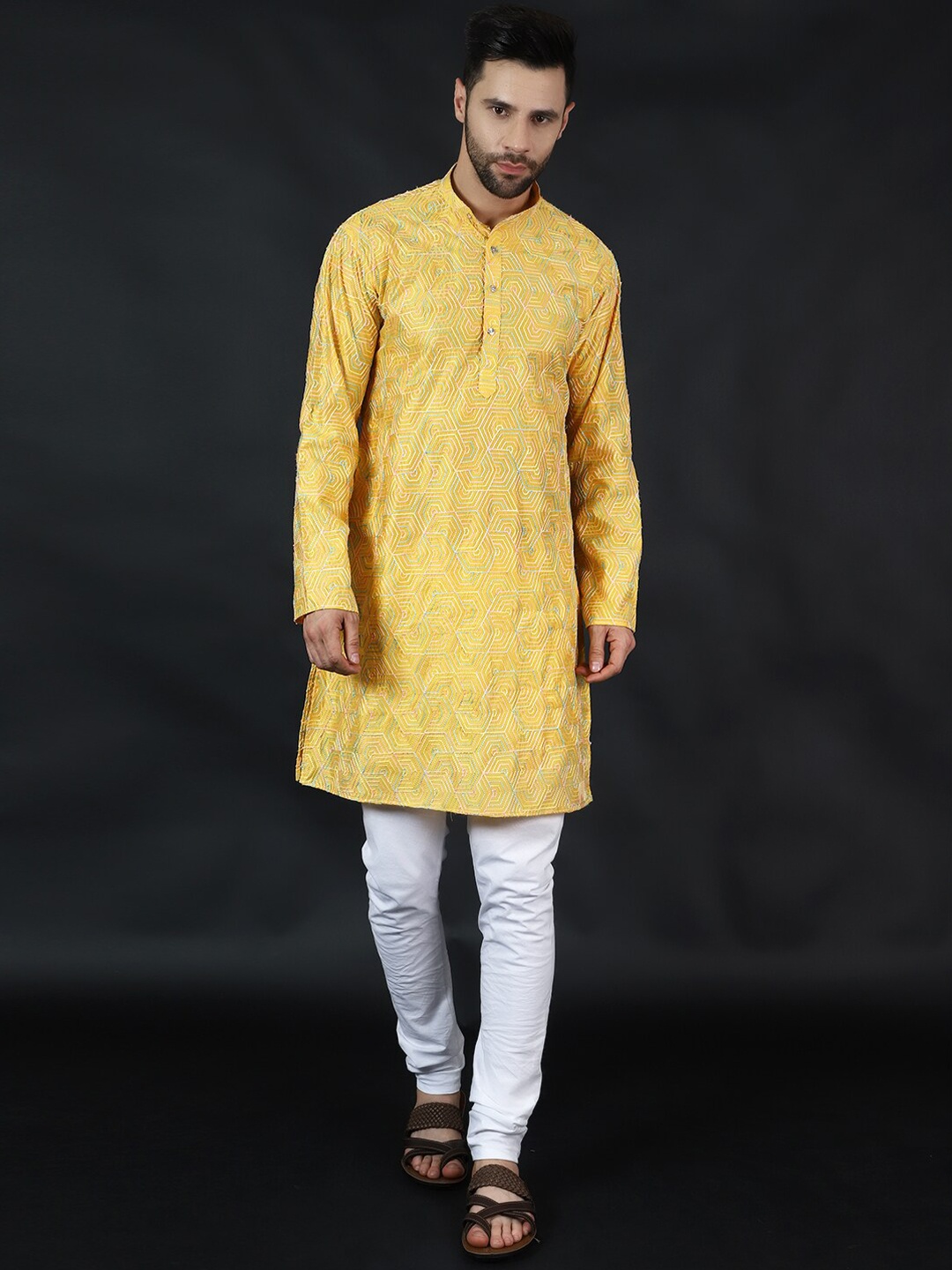 

Wintage Embroidered Mandarin Collar Long Sleeves Thread Work Straight Kurta with Pyjama, Yellow