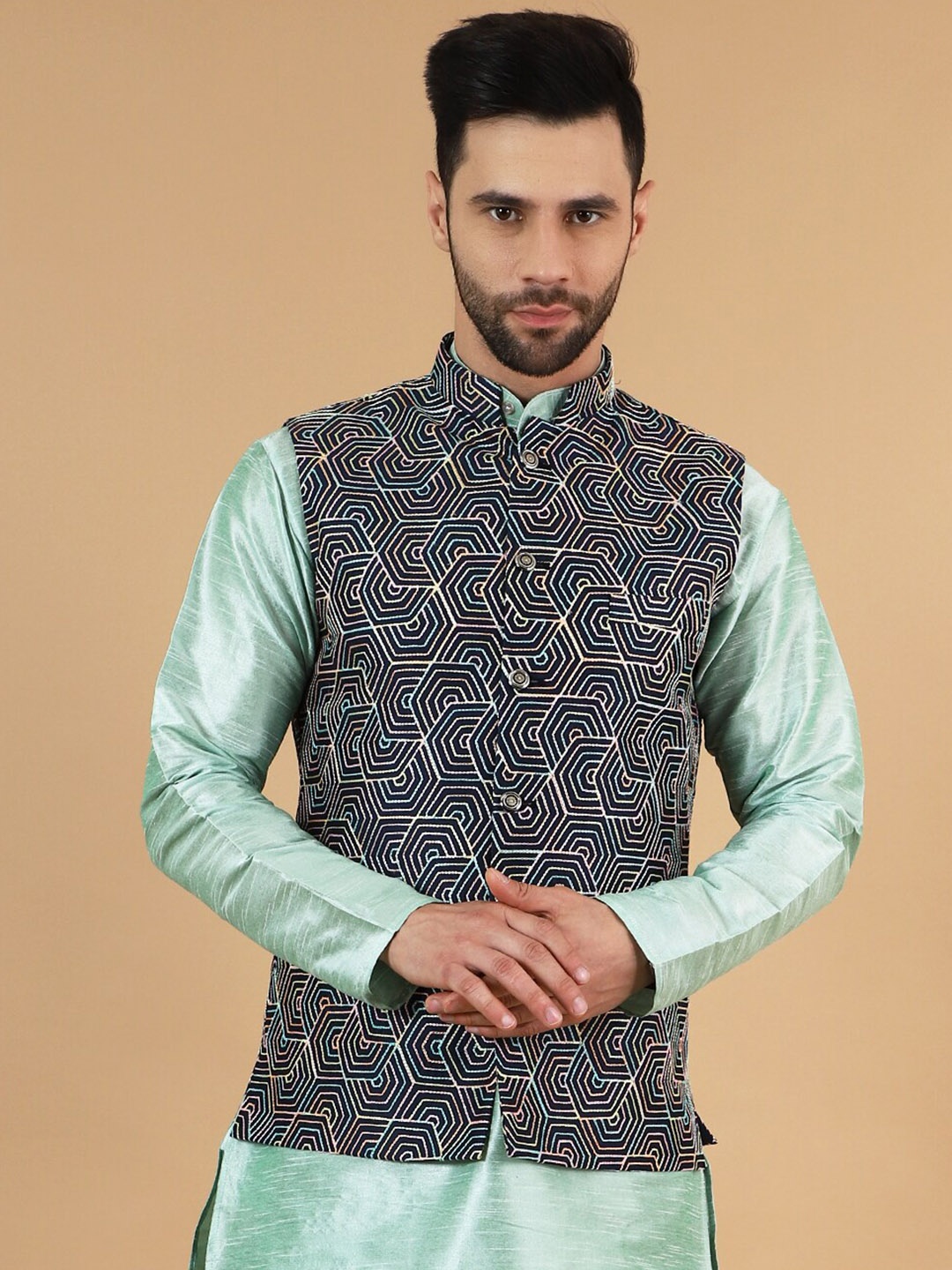 

Wintage Printed Nehru Jacket, Black