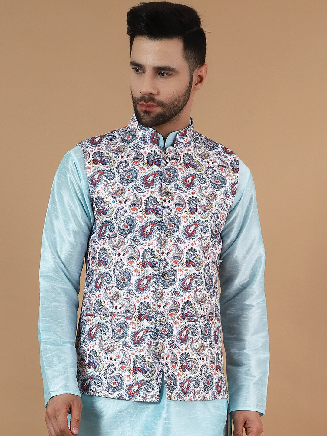 

Wintage Printed Nehru Jacket, White