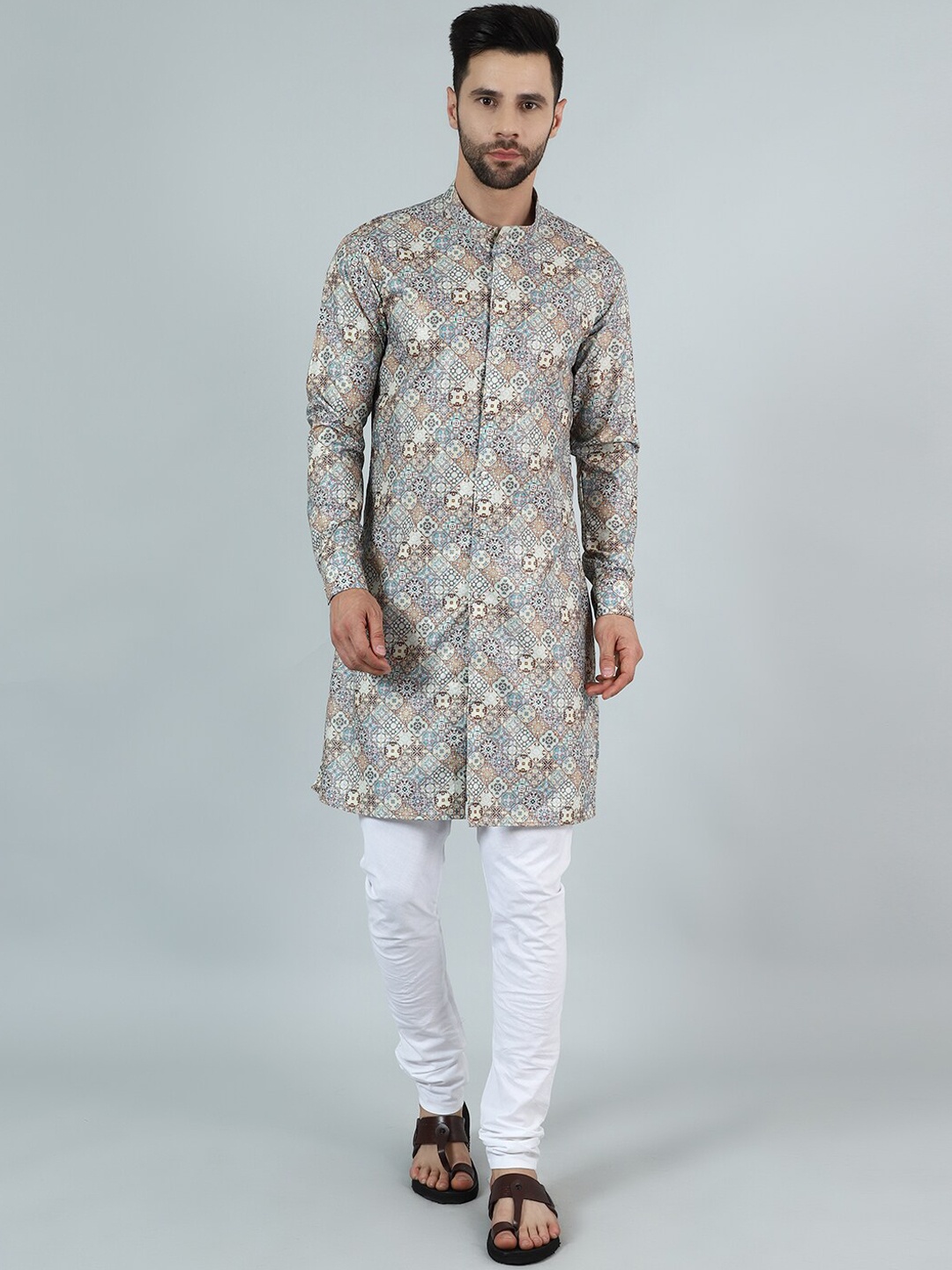 

Wintage Ethnic Motifs Printed Mandarin Collar Long Sleeves Straight Kurta with Pyjama, Grey