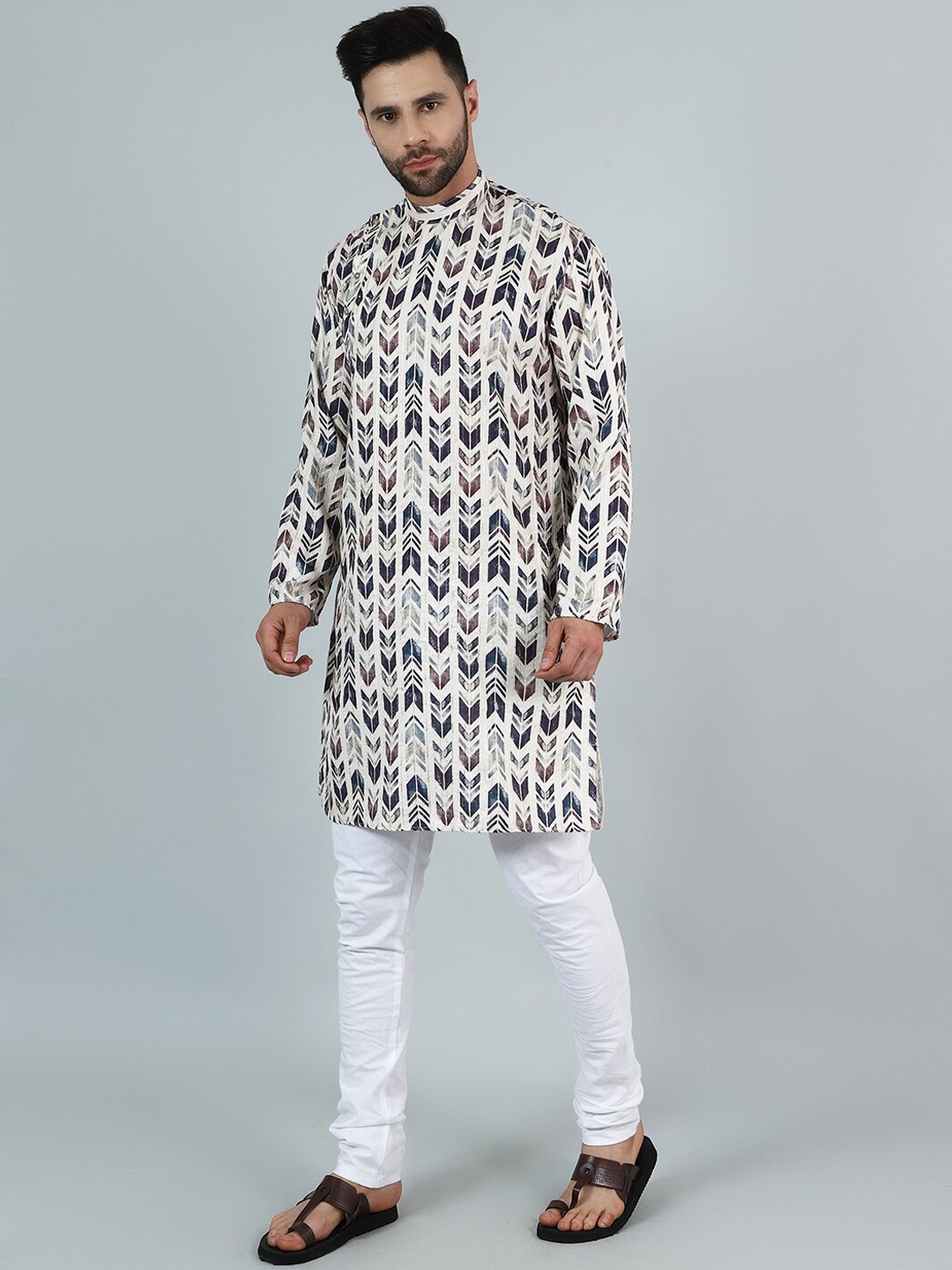 

Wintage Geometric Printed Mandarin Collar Long Sleeves Straight Kurta with Pyjama, Cream