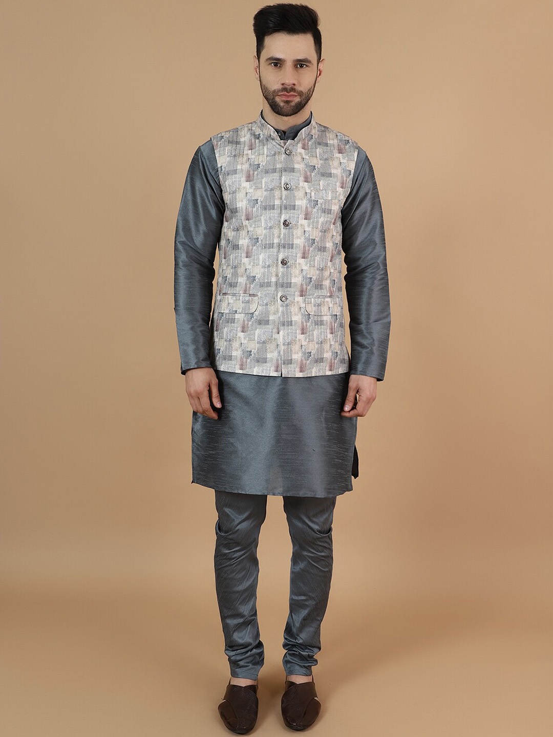 

Wintage Printed Nehru Jacket, Grey