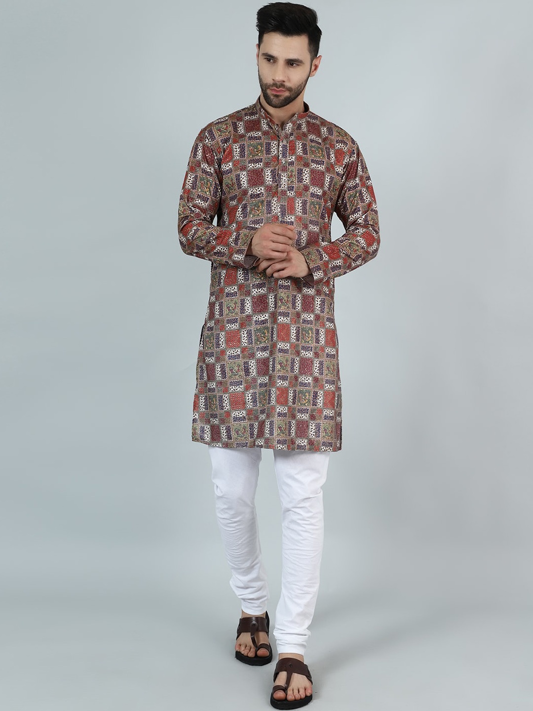 

Wintage Ethnic Motifs Printed Mandarin Collar Long Sleeves Straight Kurta with Pyjama, Brown