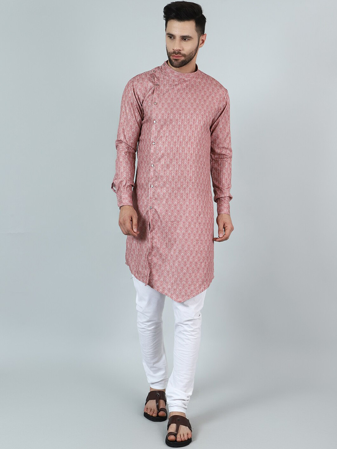 

Wintage Ethnic Motifs Printed Band Collar Long Sleeves Straight Kurta with Pyjama, Pink
