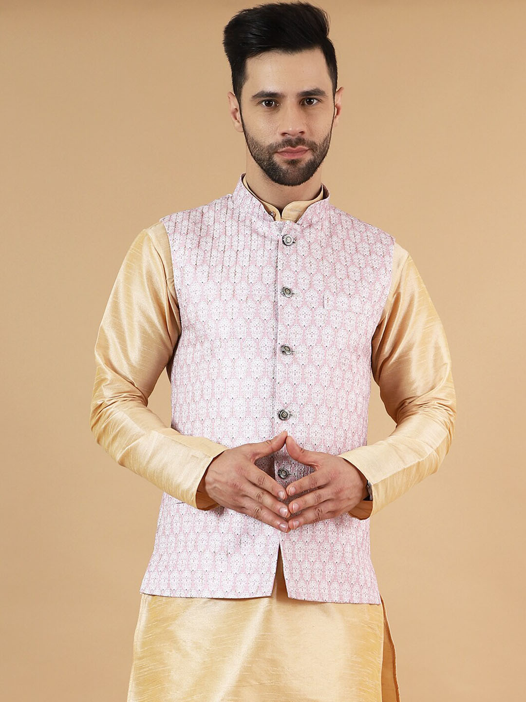 

Wintage Printed Satin Nehru Jacket, Pink
