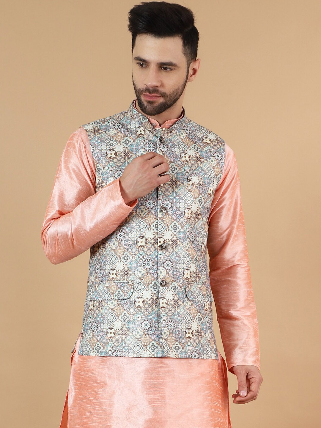 

Wintage Printed Satin Nehru Jacket, Grey