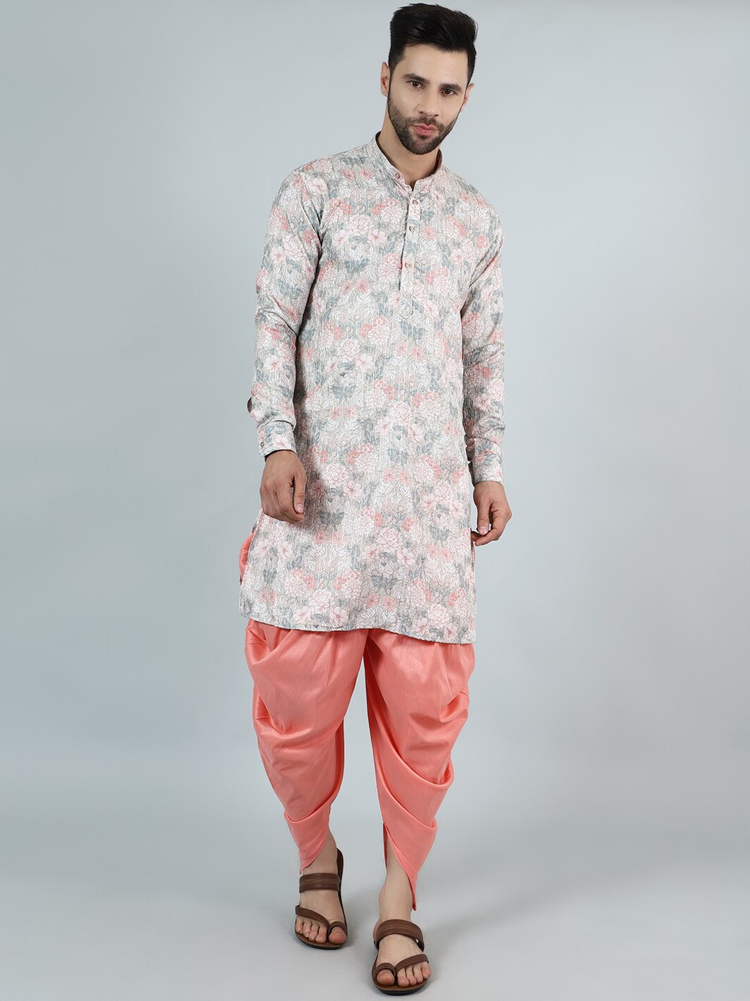 

Wintage Floral Printed Mandarin Collar Long Sleeves Straight Kurta with Dhoti Pant, Pink