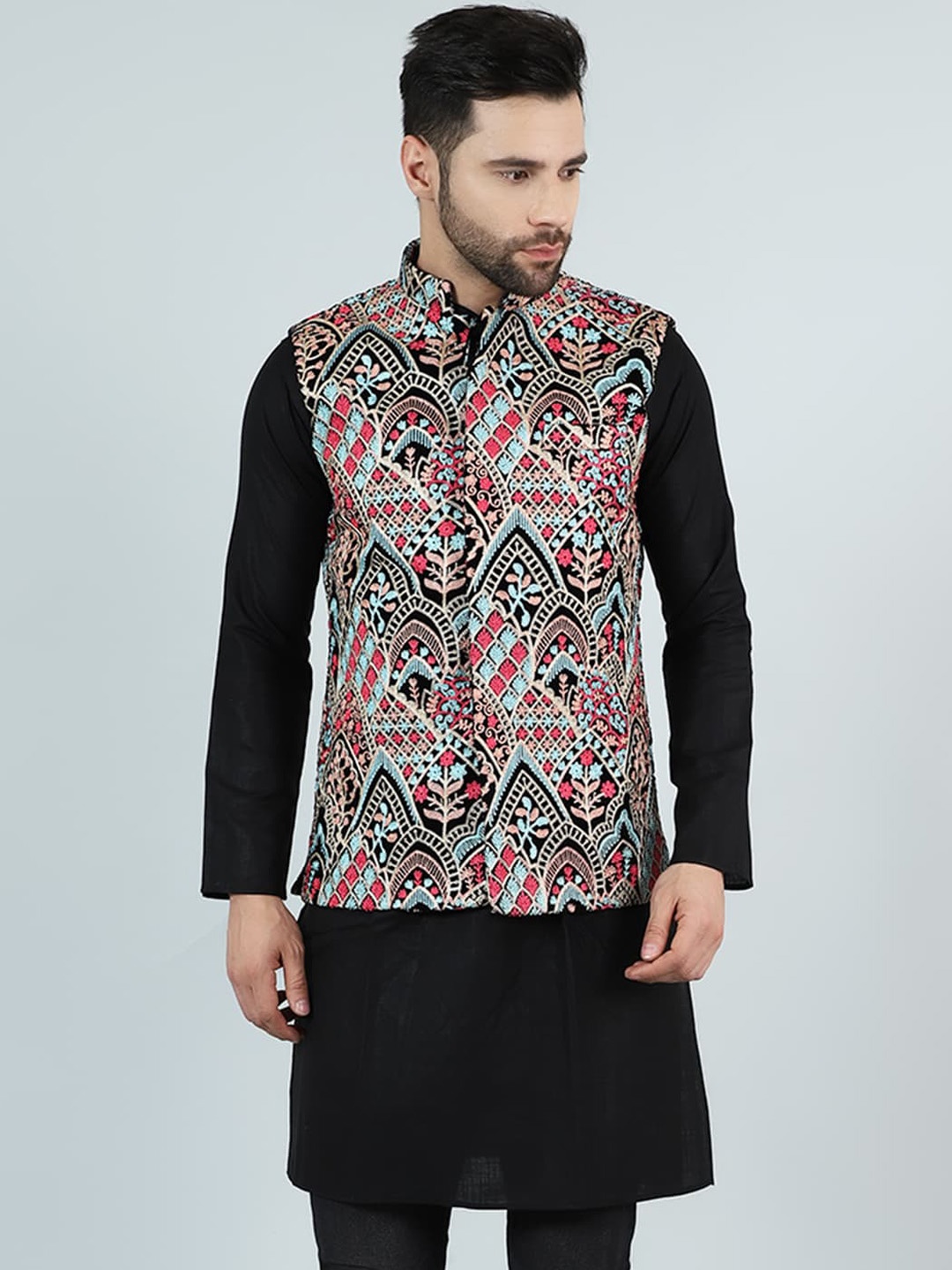 

Wintage Printed Cotton Silk Nehru Jacket, Black