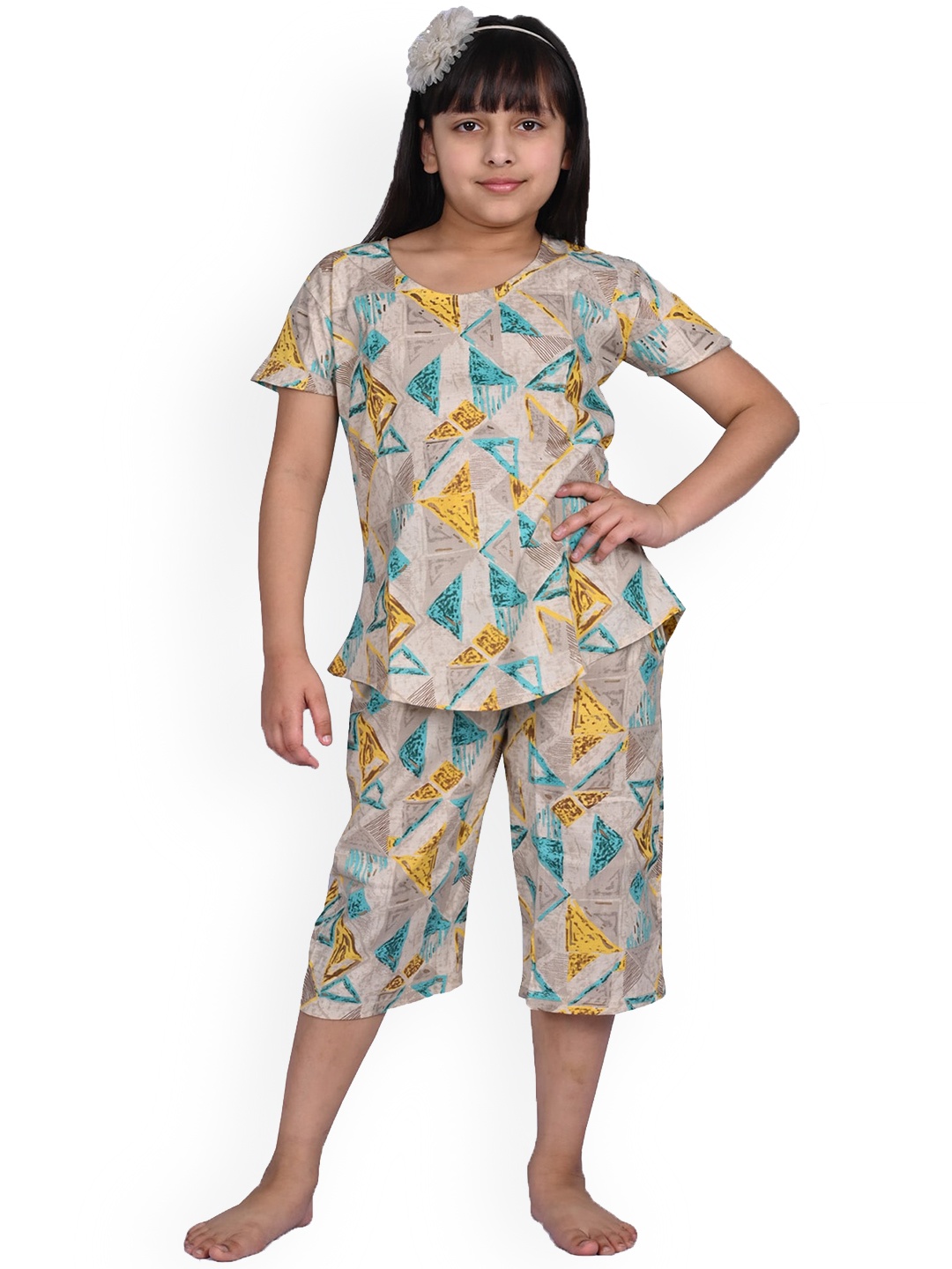 

BAESD Girls Geometric Printed Pure Cotton Top & Capri, Grey