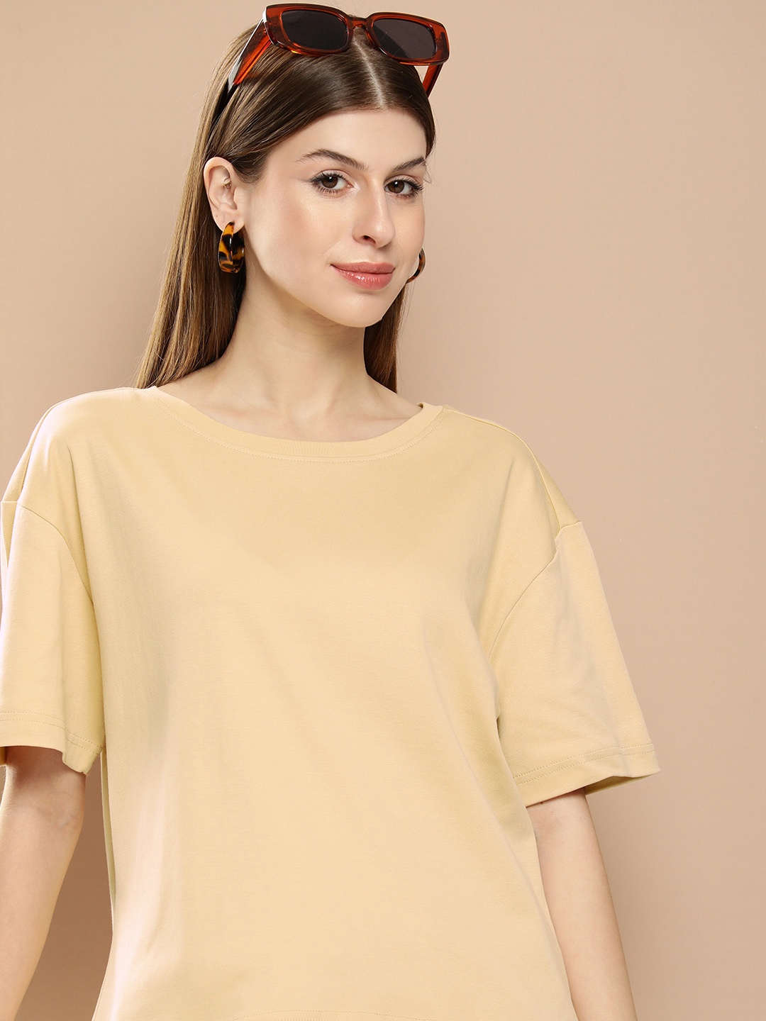 

Bene Kleed Women Solid Pure Cotton Oversized T-shirt, Beige