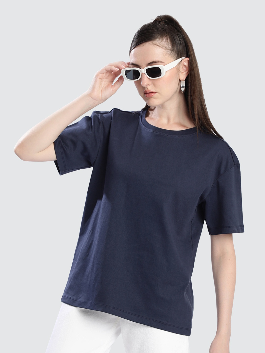 

Bene Kleed Women Solid Pure Cotton Oversized T-shirt, Navy blue