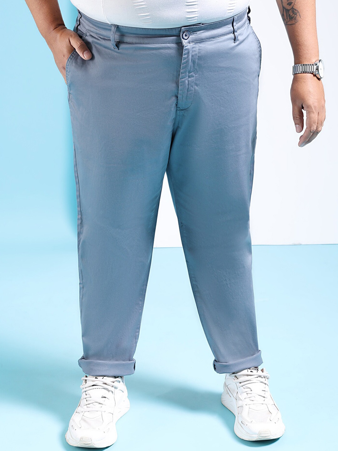 

Hardsoda by The Indian Garage Co Men Plus Size Mid Rise Chinos Trousers, Blue