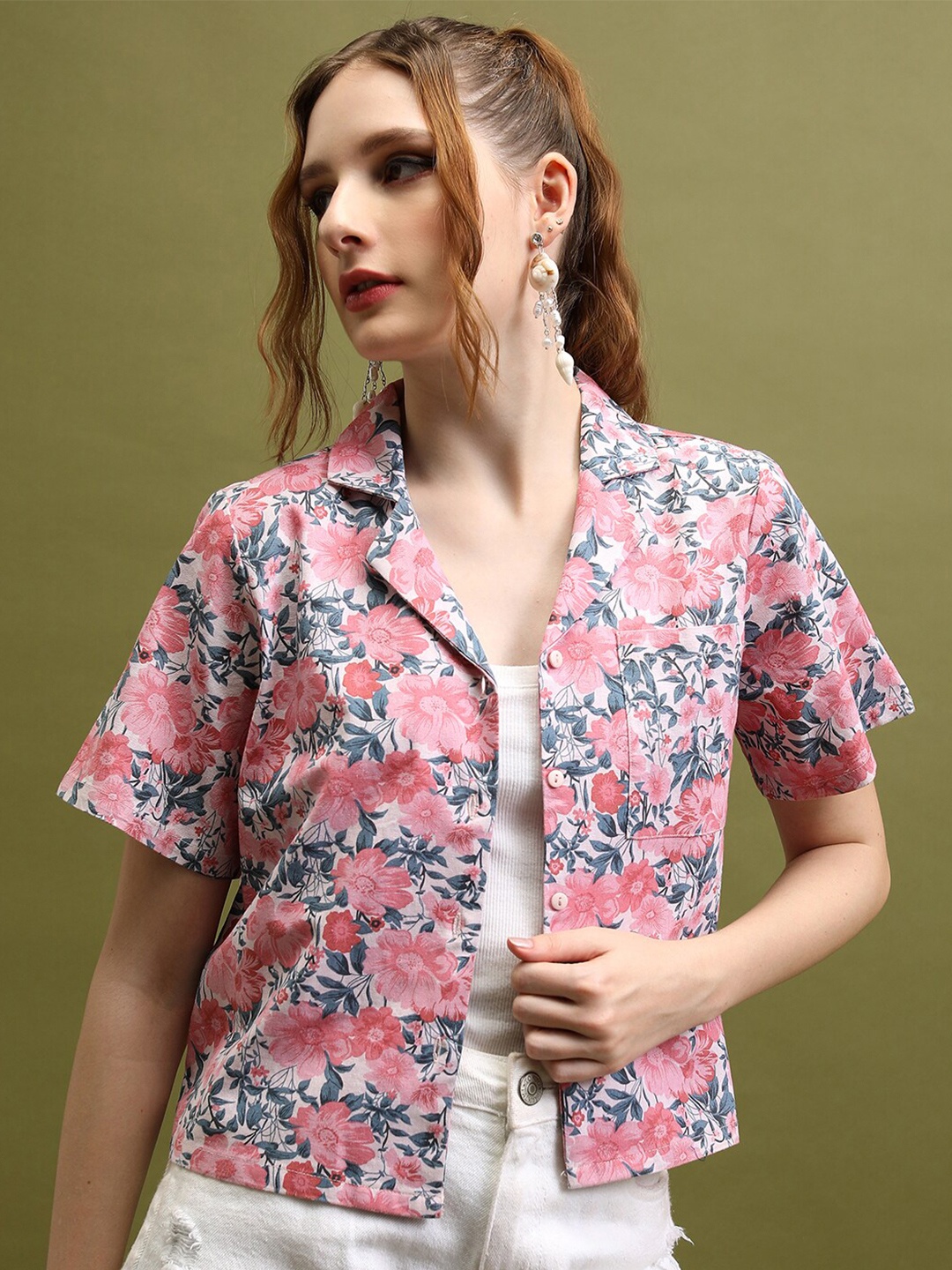 

Tokyo Talkies Shirt Collar Short Sleeves Floral Print Cotton Shirt Style Top, Pink