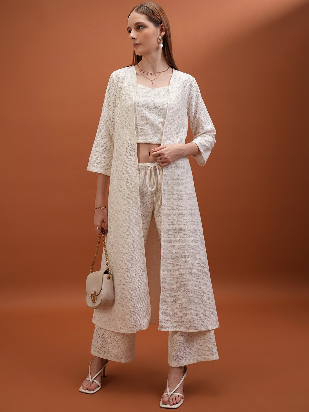 

Tokyo Talkies White Crochet Top With Trouser With Shrug