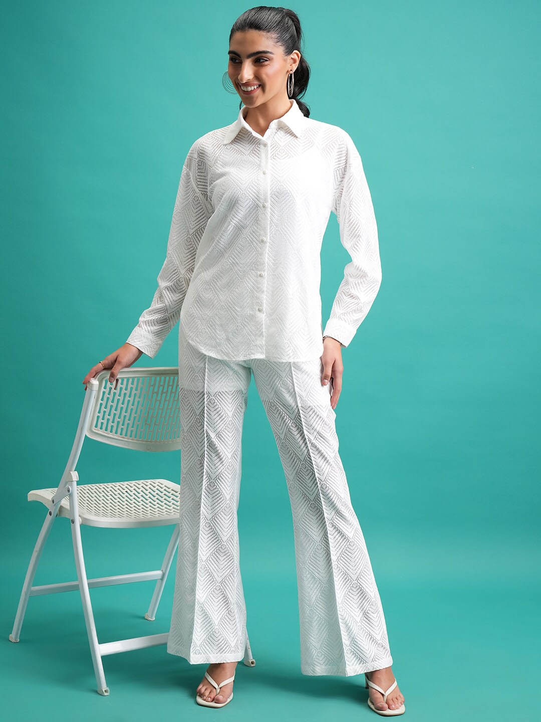 

Tokyo Talkies Self Design Shirt & Trouser Co-Ords Set, White