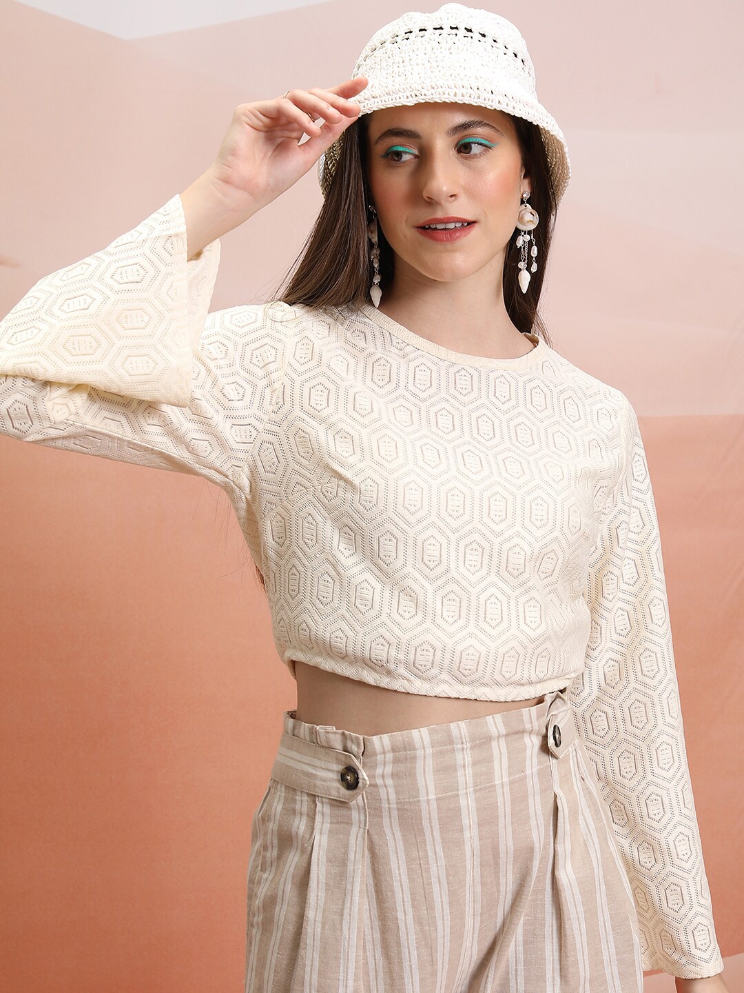 

Tokyo Talkies Round Neck Long Flared Sleeves Self design Crop Crochet Top, Off white