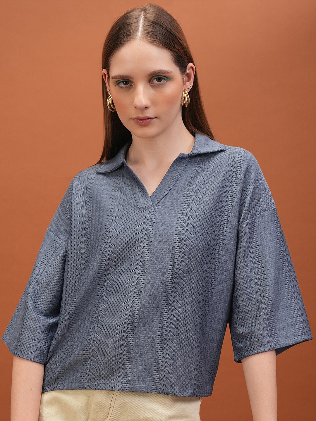 

Tokyo Talkies Blue Self Design Drop Shoulder Crochet Shirt Style Top