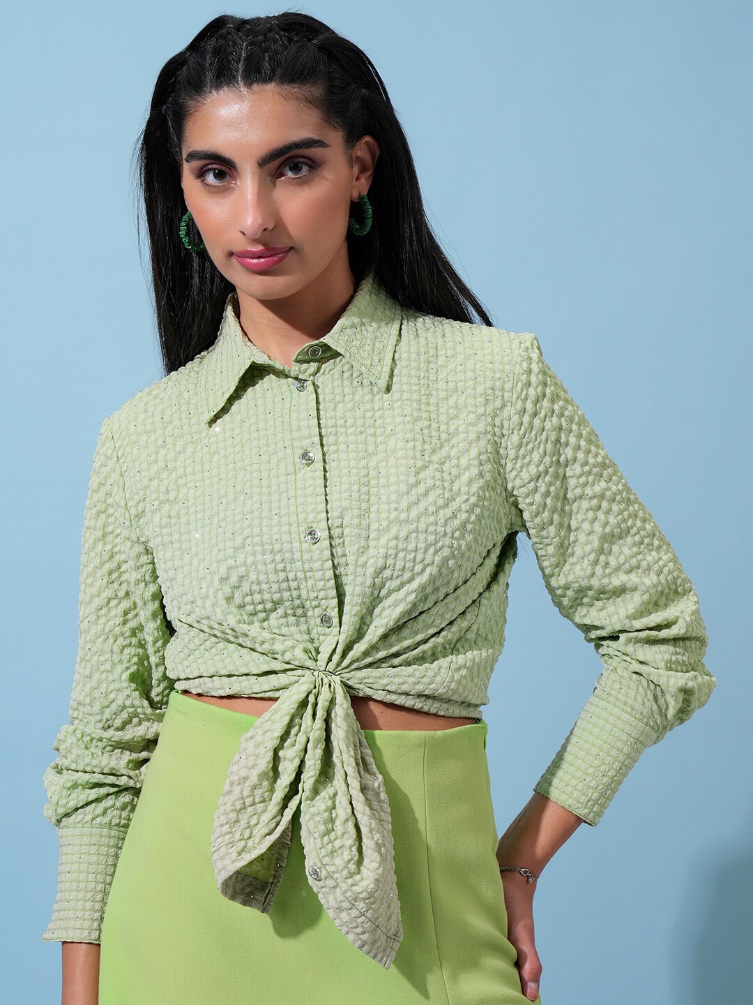 

Tokyo Talkies Textured Embellished Shirt, Green