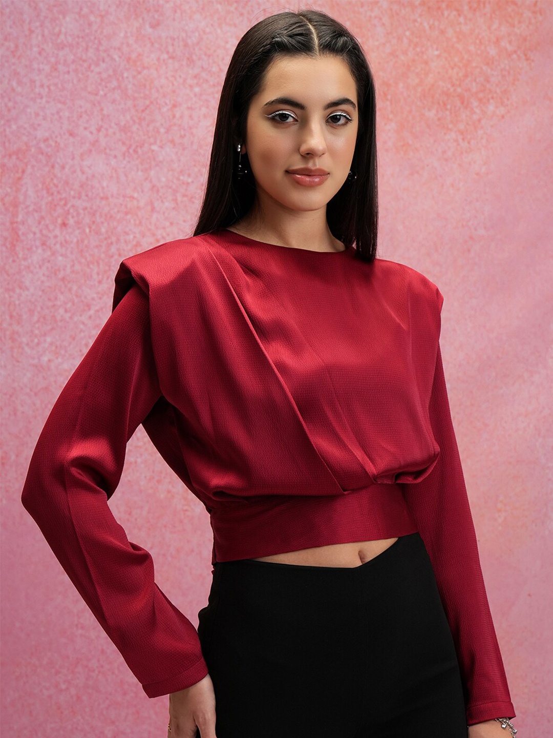 

CHIC BY TOKYO TALKIES Maroon Round Neck Blouson Crop Top