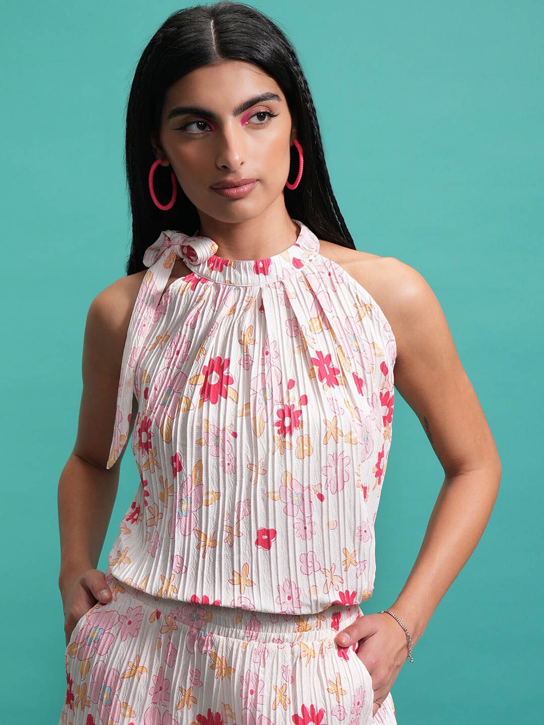 Tokyo Talkies Pink Floral Printed High Neck Top With Shorts